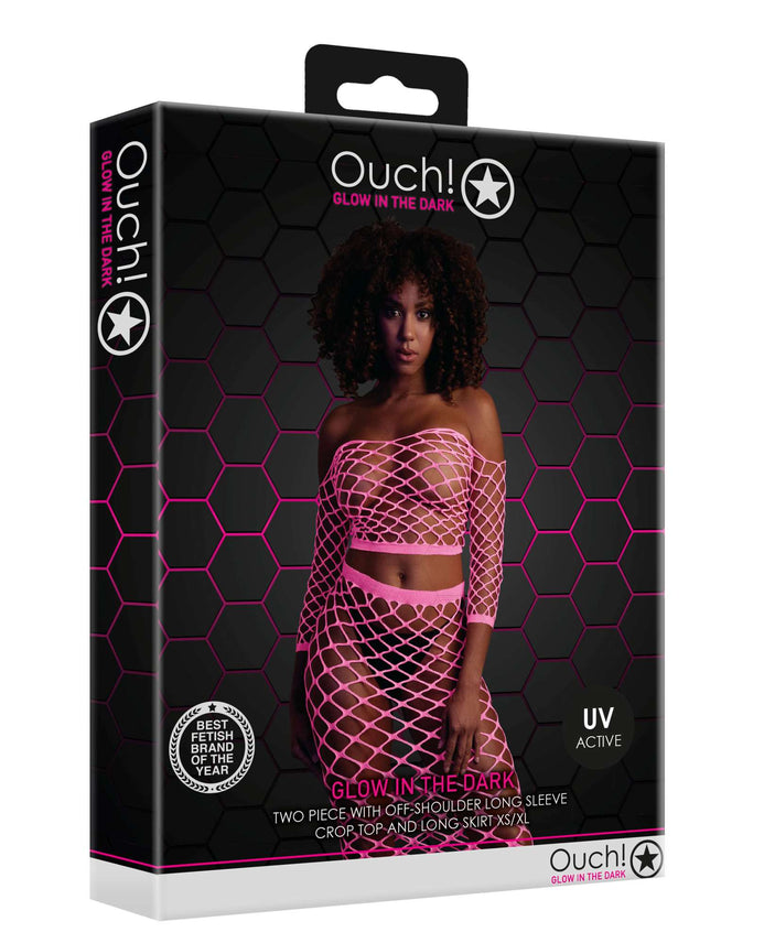 Set crop top cu mânecă lungă și fustă lungă tip plasă – compleu elegant XS-XL (one size), roz neon